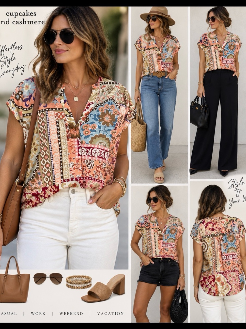 cupcakes & cashmere Multicolor Patchwork Floral V-Neck Blouse